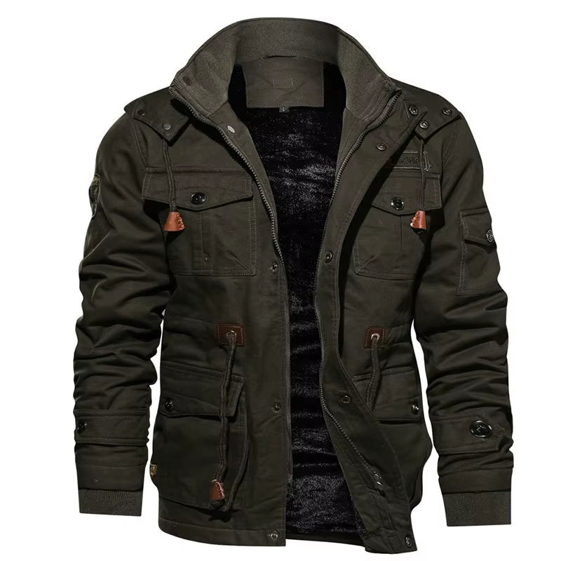 Men'S Hooded Winter Jackets Plush Thickened Coat Autumn Large Tactical Cotton Medium and Long Work Clothes Bomber Tactical Coats