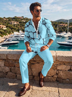 This Stylish, Casual Men'S Set Features a Lightweight, Fashionable Long-Sleeved V-Neck Shirt and Matching Linen Trousers