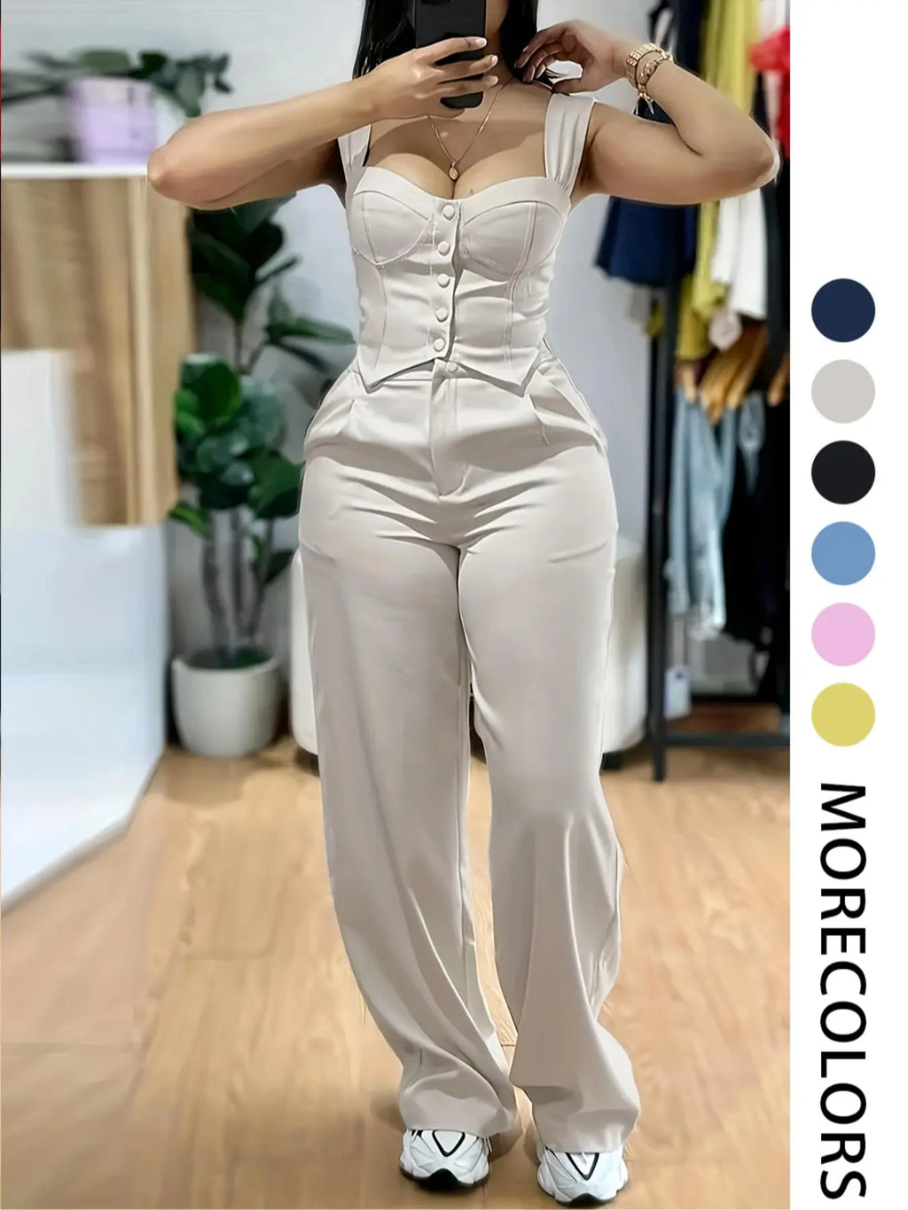 Two-Piece Set Women'S Solid Tank Top & Wide Leg Pants, Casual Sleeveless Top & Pants for Summer, Ladies Clothes for Daily Wear, Casual Matching Set
