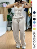 Two-Piece Set Women'S Solid Tank Top & Wide Leg Pants, Casual Sleeveless Top & Pants for Summer, Ladies Clothes for Daily Wear, Casual Matching Set