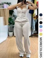 Two-Piece Set Women'S Solid Tank Top & Wide Leg Pants, Casual Sleeveless Top & Pants for Summer, Ladies Clothes for Daily Wear, Casual Matching Set