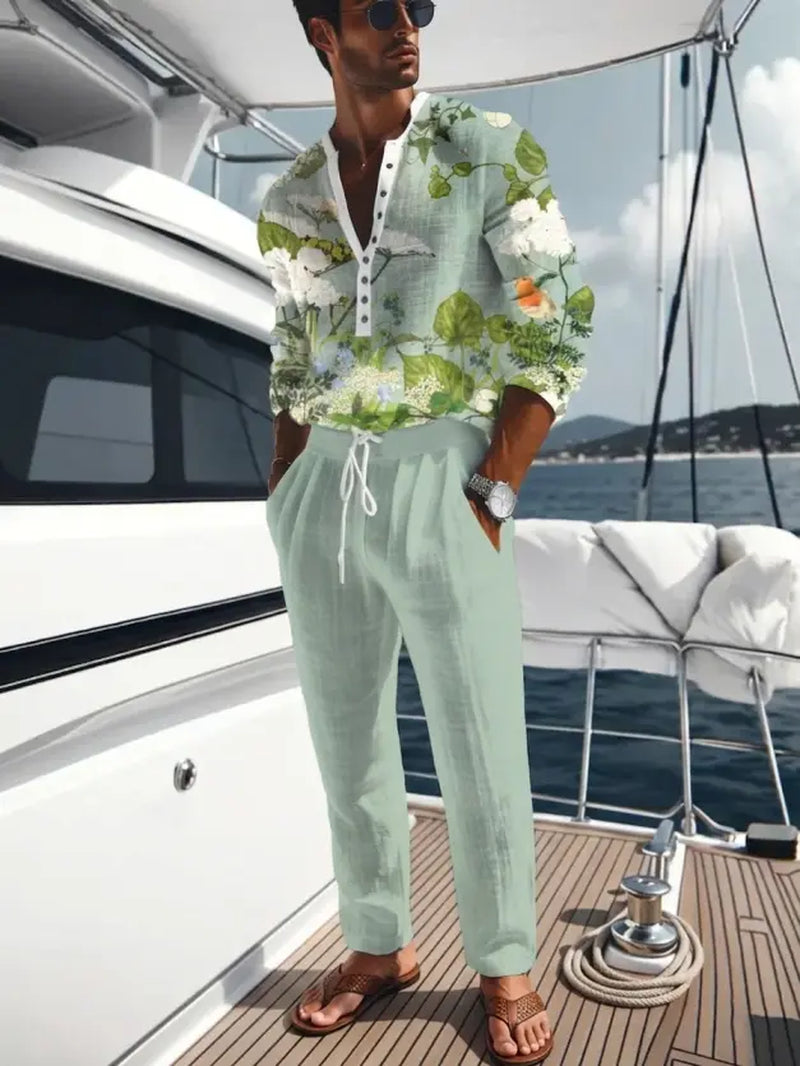 This Stylish, Casual Men'S Set Features a Lightweight, Fashionable Long-Sleeved V-Neck Shirt and Matching Linen Trousers