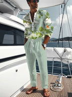 This Stylish, Casual Men'S Set Features a Lightweight, Fashionable Long-Sleeved V-Neck Shirt and Matching Linen Trousers