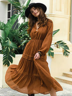Women'S Lantern-Sleeve Ruffle A-Line Maxi Dress, Plain Woven Fabric, Spring and Summer Casual Long Dress for Outdoor Holidays, Casual Wear
