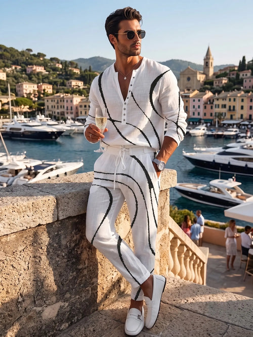This Stylish, Casual Men'S Set Features a Lightweight, Fashionable Long-Sleeved V-Neck Shirt and Matching Linen Trousers