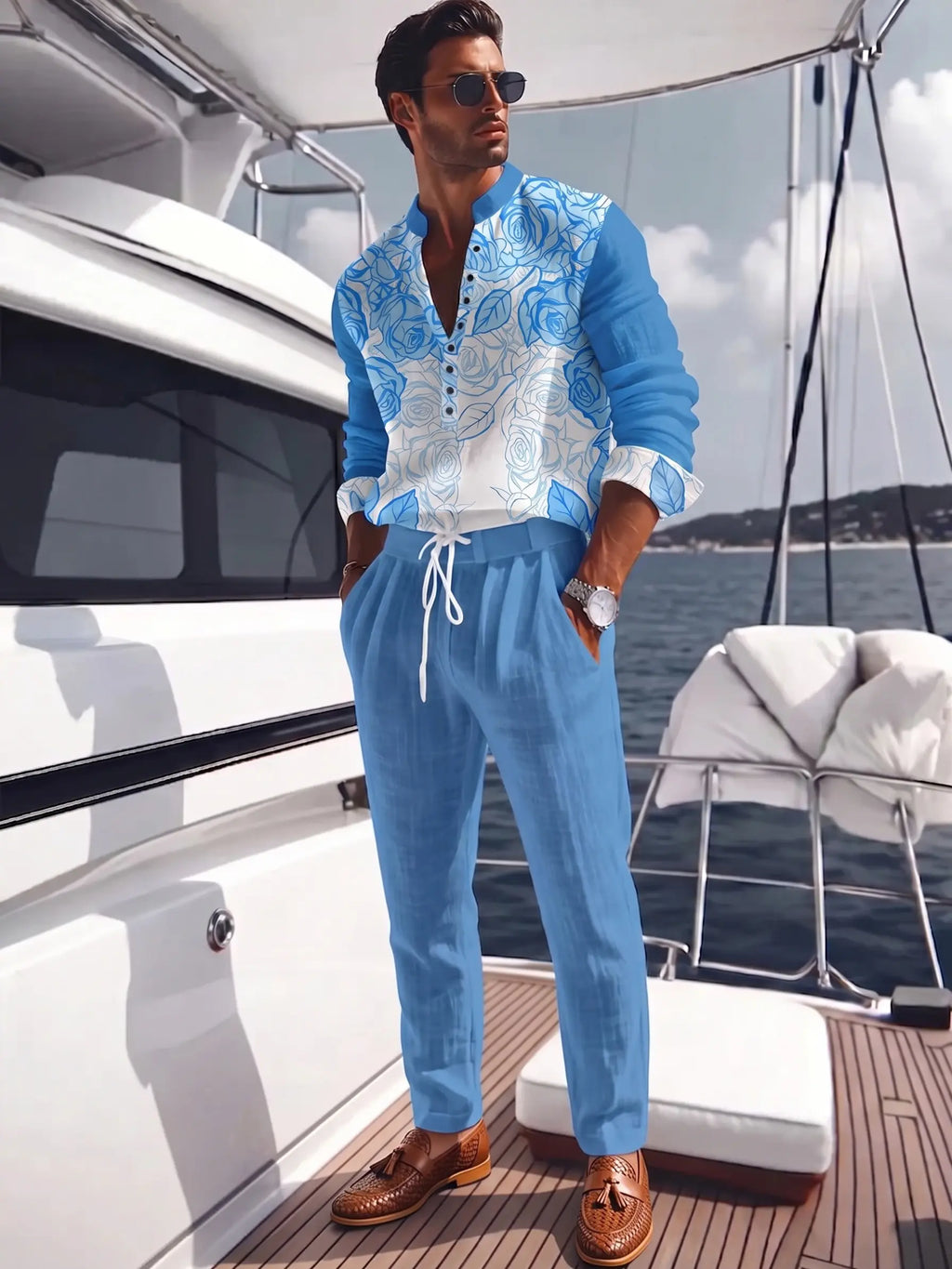 This Stylish, Casual Men'S Set Features a Lightweight, Fashionable Long-Sleeved V-Neck Shirt and Matching Linen Trousers