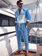 This Stylish, Casual Men'S Set Features a Lightweight, Fashionable Long-Sleeved V-Neck Shirt and Matching Linen Trousers