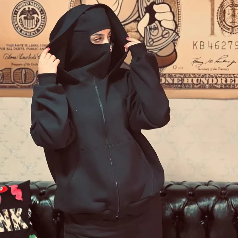Men and Women Balaclava Y2K Gothic Harajuku Autumn and Winter New Item Double Hooded Sweatshirt Men'S Mask Zipper Sportswear