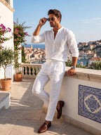This Stylish, Casual Men'S Set Features a Lightweight, Fashionable Long-Sleeved V-Neck Shirt and Matching Linen Trousers