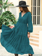 Women'S Lantern-Sleeve Ruffle A-Line Maxi Dress, Plain Woven Fabric, Spring and Summer Casual Long Dress for Outdoor Holidays, Casual Wear