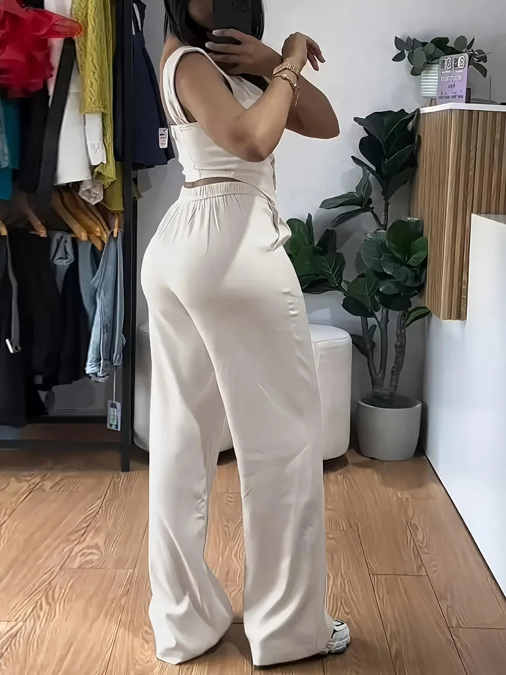 Two-Piece Set Women'S Solid Tank Top & Wide Leg Pants, Casual Sleeveless Top & Pants for Summer, Ladies Clothes for Daily Wear, Casual Matching Set
