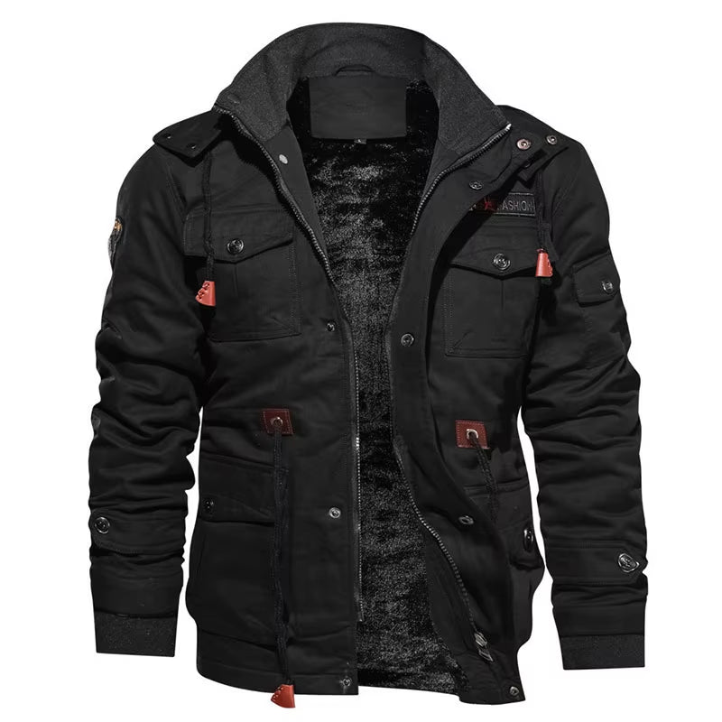 Men'S Hooded Winter Jackets Plush Thickened Coat Autumn Large Tactical Cotton Medium and Long Work Clothes Bomber Tactical Coats