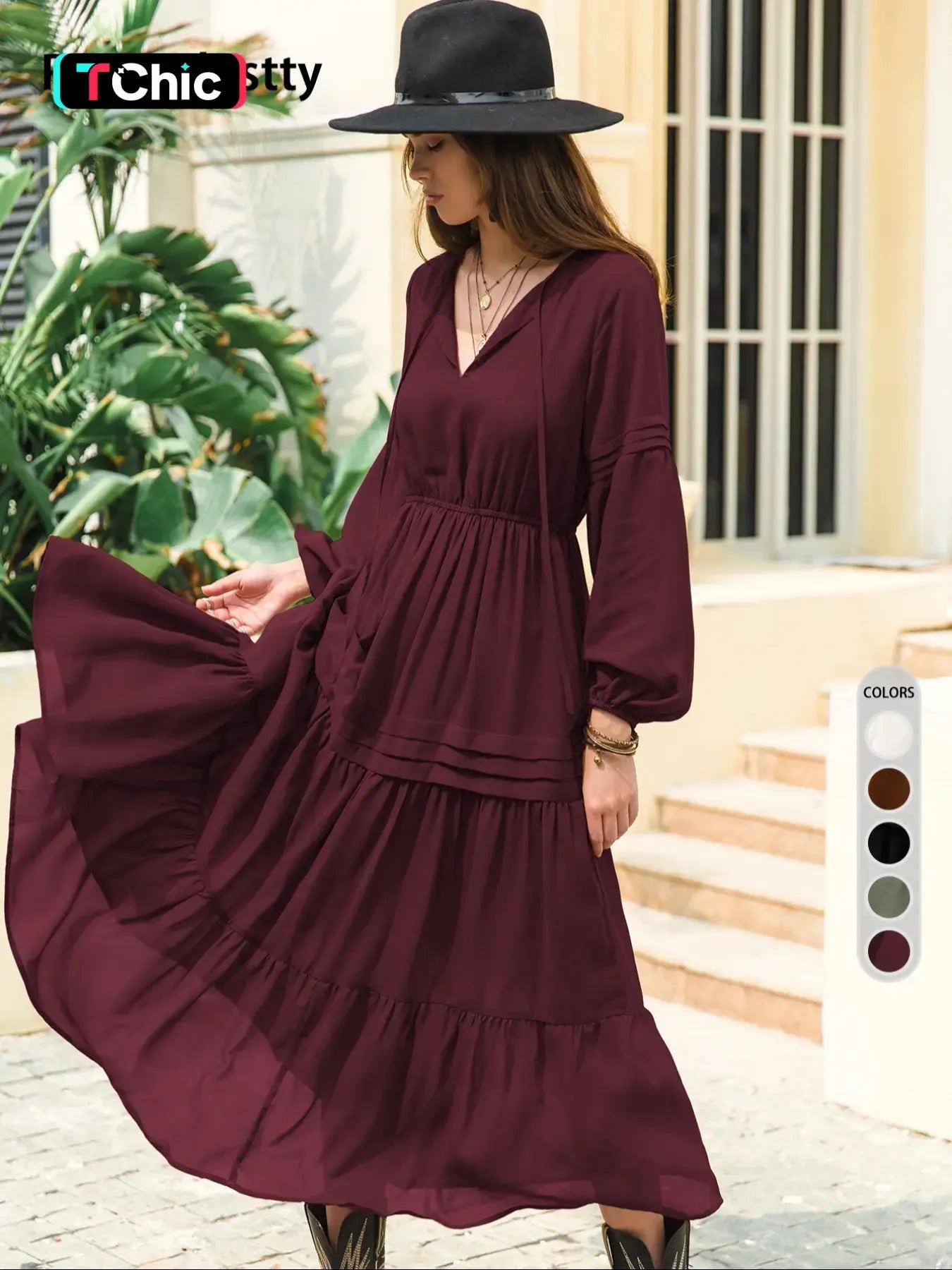 Women'S Lantern-Sleeve Ruffle A-Line Maxi Dress, Plain Woven Fabric, Spring and Summer Casual Long Dress for Outdoor Holidays, Casual Wear