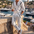 This Stylish, Casual Men'S Set Features a Lightweight, Fashionable Long-Sleeved V-Neck Shirt and Matching Linen Trousers