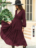 Women'S Lantern-Sleeve Ruffle A-Line Maxi Dress, Plain Woven Fabric, Spring and Summer Casual Long Dress for Outdoor Holidays, Casual Wear