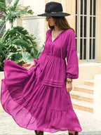 Women'S Lantern-Sleeve Ruffle A-Line Maxi Dress, Plain Woven Fabric, Spring and Summer Casual Long Dress for Outdoor Holidays, Casual Wear